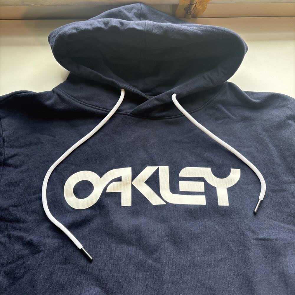 Y2K Oakley Center Spellout Logo Mens Pullover Hoodie Navy Blue Mens Size L - Picture 2 of 4
